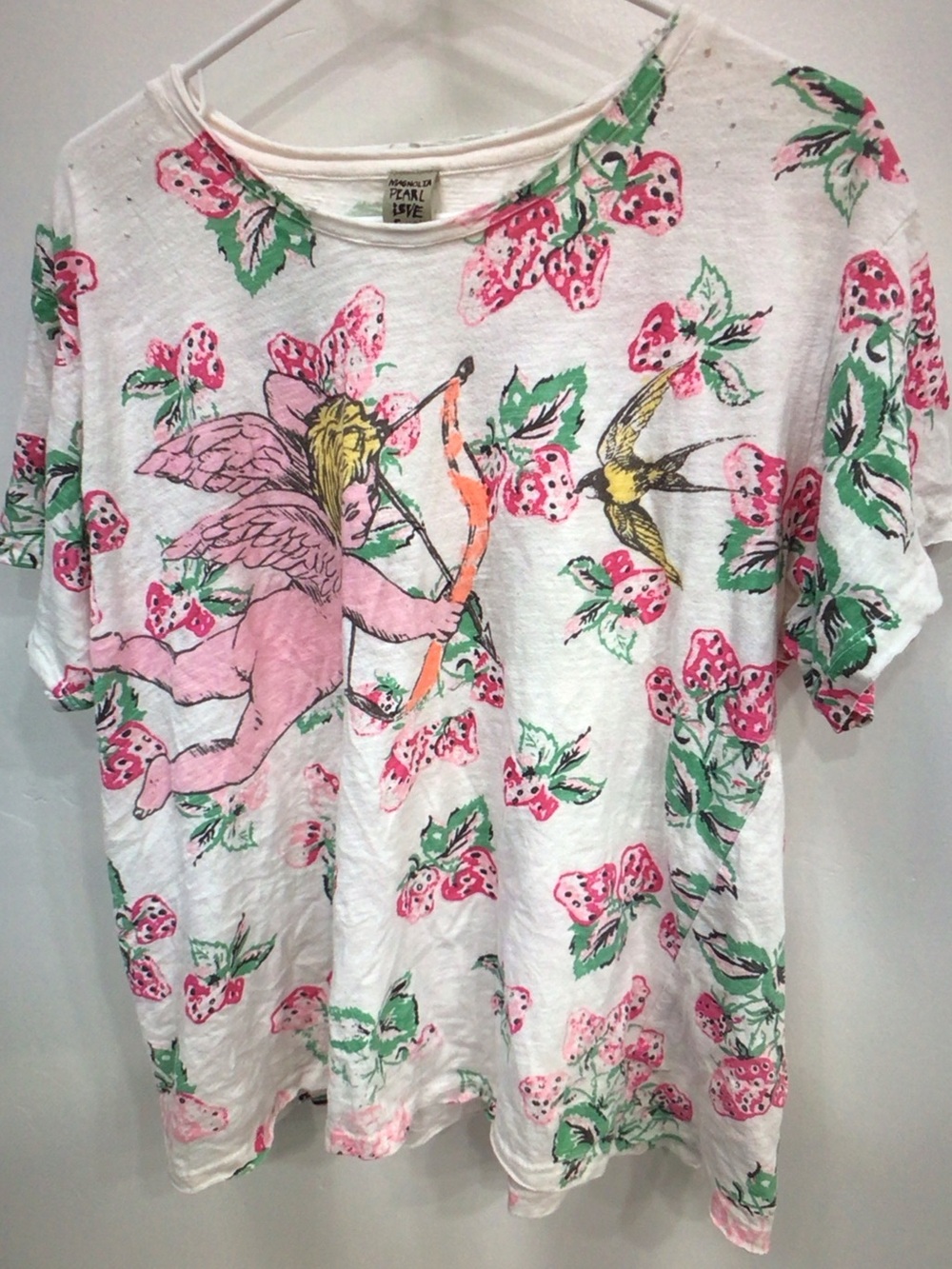 Magnolia Pearl White Tee with Pink Cherub & Green Strawberry Print